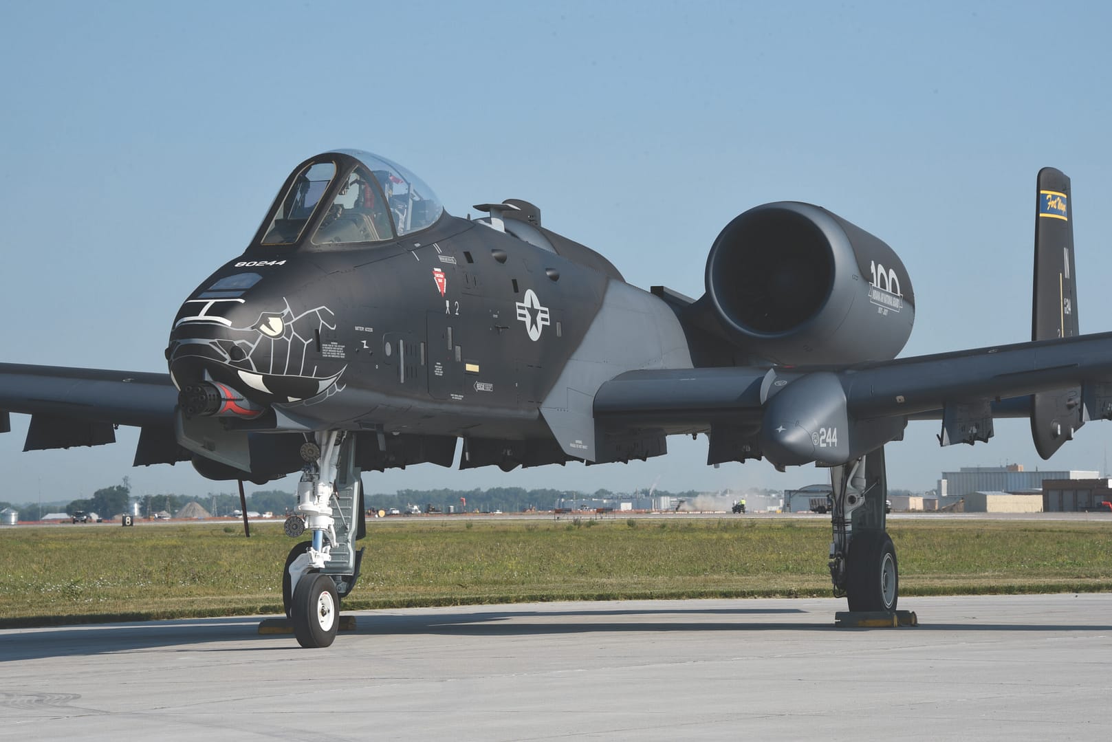 A black and grey U.S. Air Force A-10 Thunderbolt II from the Indiana Air National Guard’s 122nd Fighter Wing “Blacksnakes,” painted at the Air National Guard paint facility in Sioux City, Iowa on July 2, 2021. In a departure from the standard A-10 two-tone grey, the paint scheme was created by request in order to commemorate the 100th anniversary of aviation in the Indiana National Guard.  

U.S. Air National Guard photo: Senior Master Sgt. Vincent De Groot