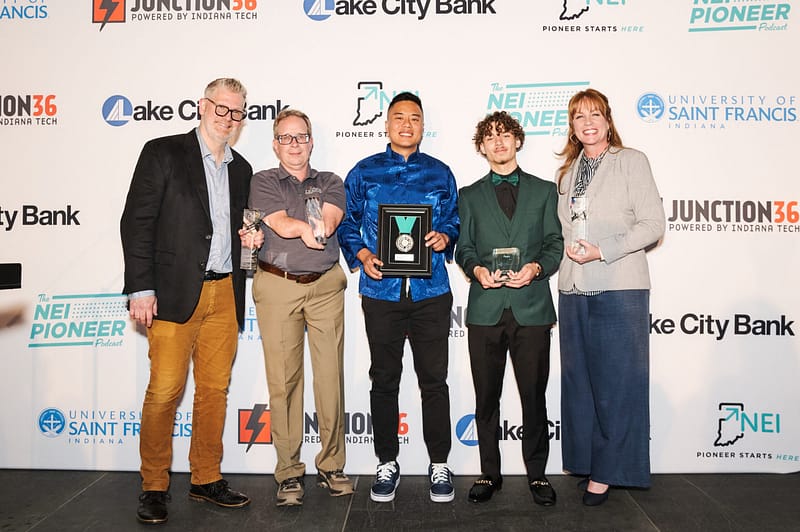 Edwin Chow, center, poses after receiving the 2026 Pioneer of the Year Award in May. He is joined, from left to right, by Lance Clark, NEI’s Brand Champion Category Award Winner, John Guingrich, NEI’s Pioneer Perseverance Award Recipient, Raydin Garrett, NEI’s Junior Pioneer Award Recipient, and Tomi Cardin, NEI’s Social Impact Category Winner.